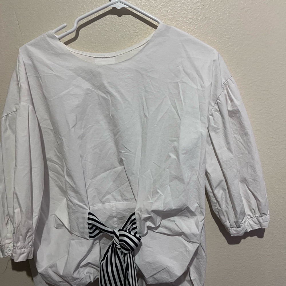 White Blouse with Black Striped Bow
